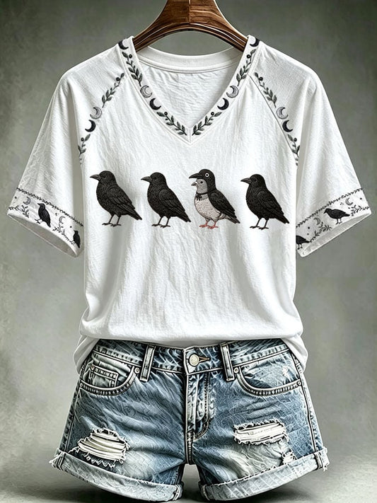 Women's Halloween Crow Print Casual T-shirt