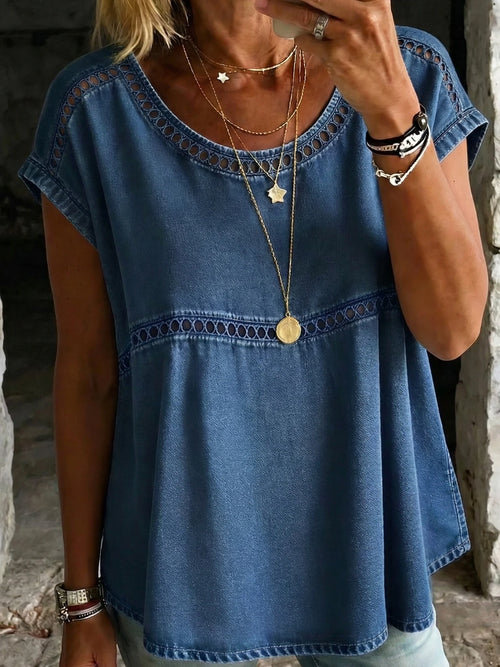 Women's Casual Crew Neck Lace-panel Openwork Short-sleeve Denim Shirt