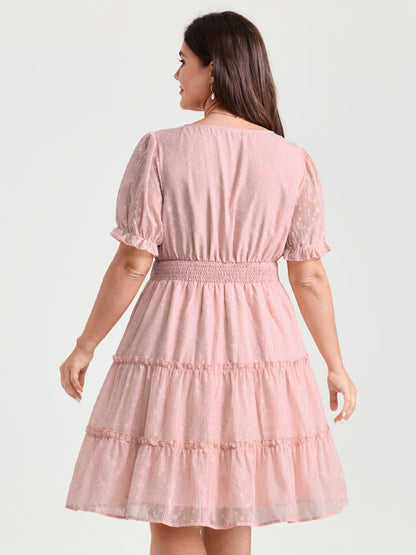 Polka Dots Shirred Cuff Sleeve Tiered Mini Dress