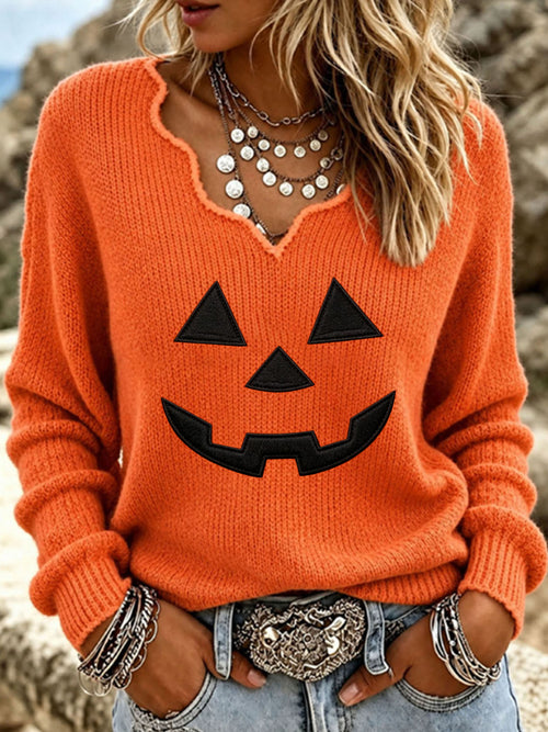 Women's Halloween Pumpkin Face Casual Knitted Top