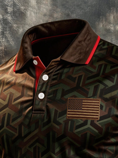 Men's Retro Patriotic Color-Block Short-Sleeve Polo Shirt