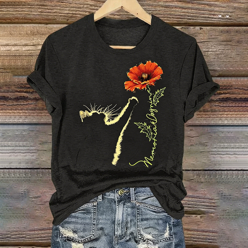 Women's Memorial Day Poppy Cat Art Printed T-Shirt