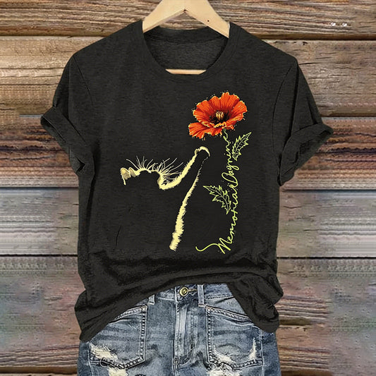 Women's Memorial Day Poppy Cat Art Printed T-Shirt