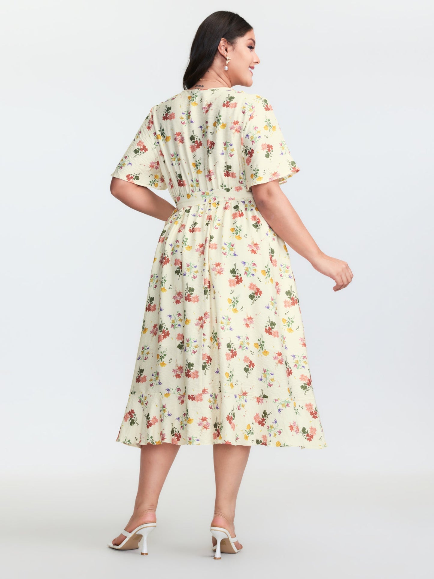 Floral Print Wrap Neckline Pockets Midi Dress