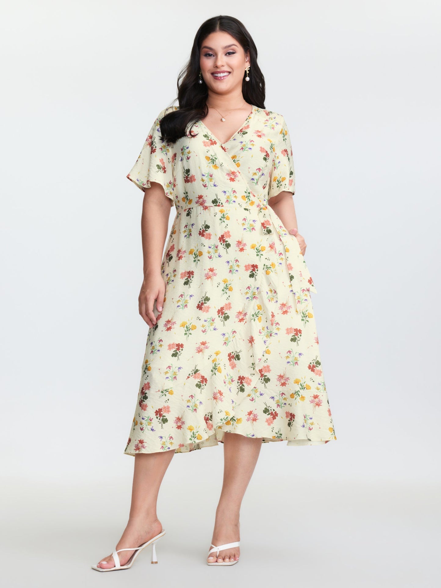 Floral Print Wrap Neckline Pockets Midi Dress