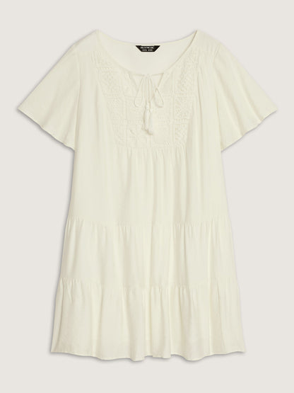 Lace Drawstring Neckline Tiered Mini Dress