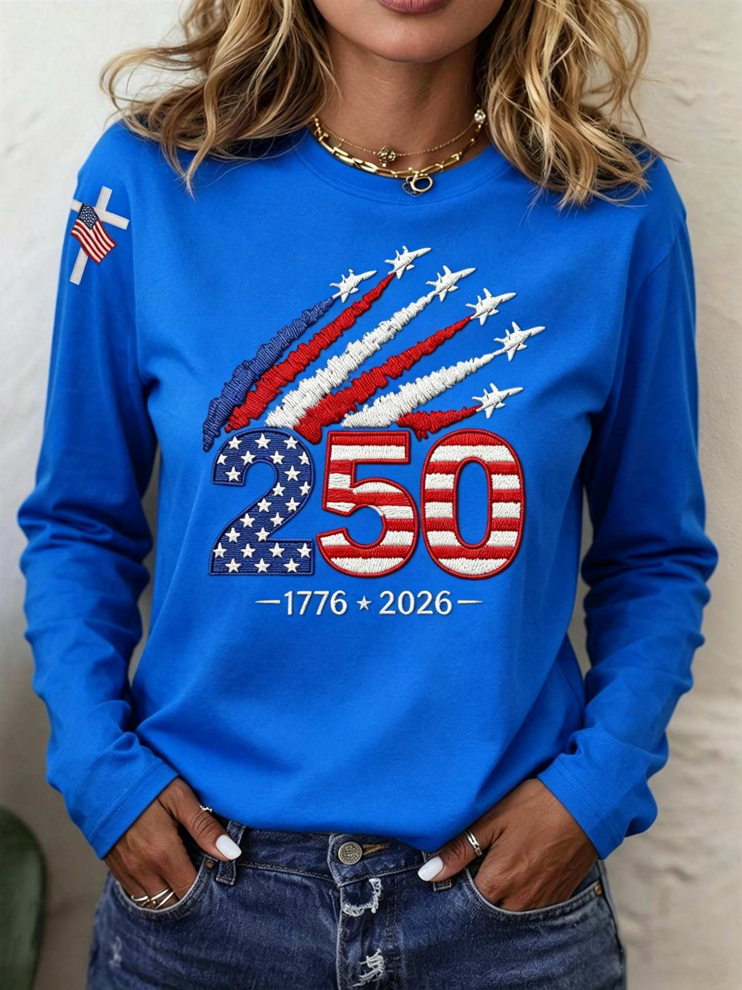 American Women 250th Anniversary Embroidered Print Round-neck Long-sleeved T-Shirt