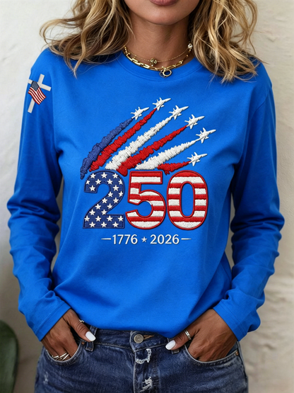 American Women 250th Anniversary Embroidered Print Round-neck Long-sleeved T-Shirt