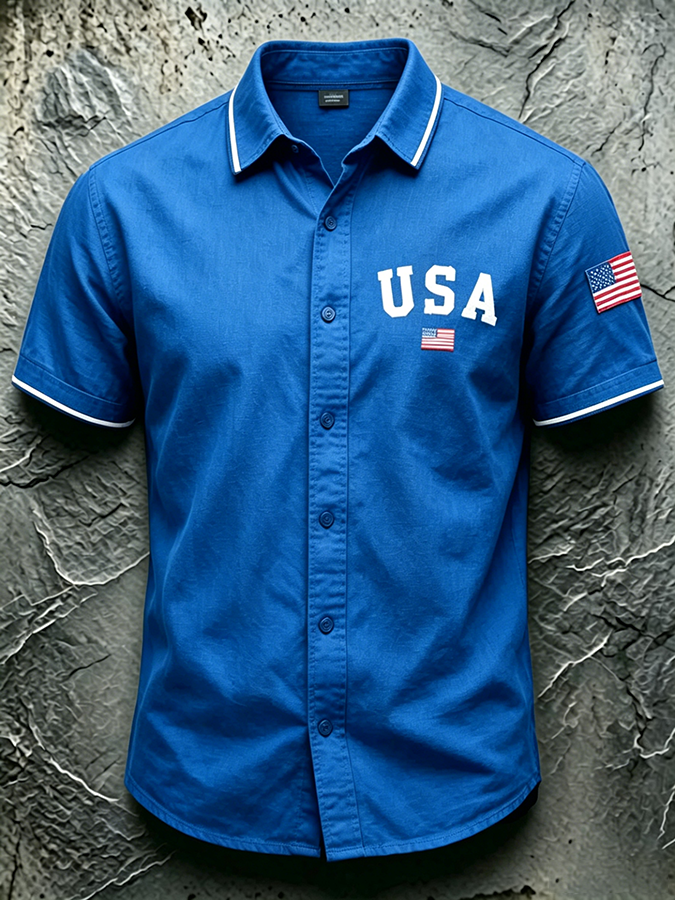 Men'S Casual USA Commemorative Printed Lapel Shirt