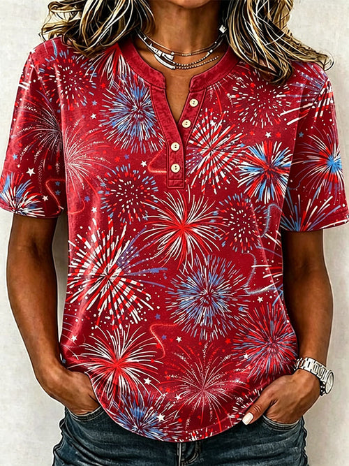Female Leisure Patriotic Fireworks Flag Button T-Shirt