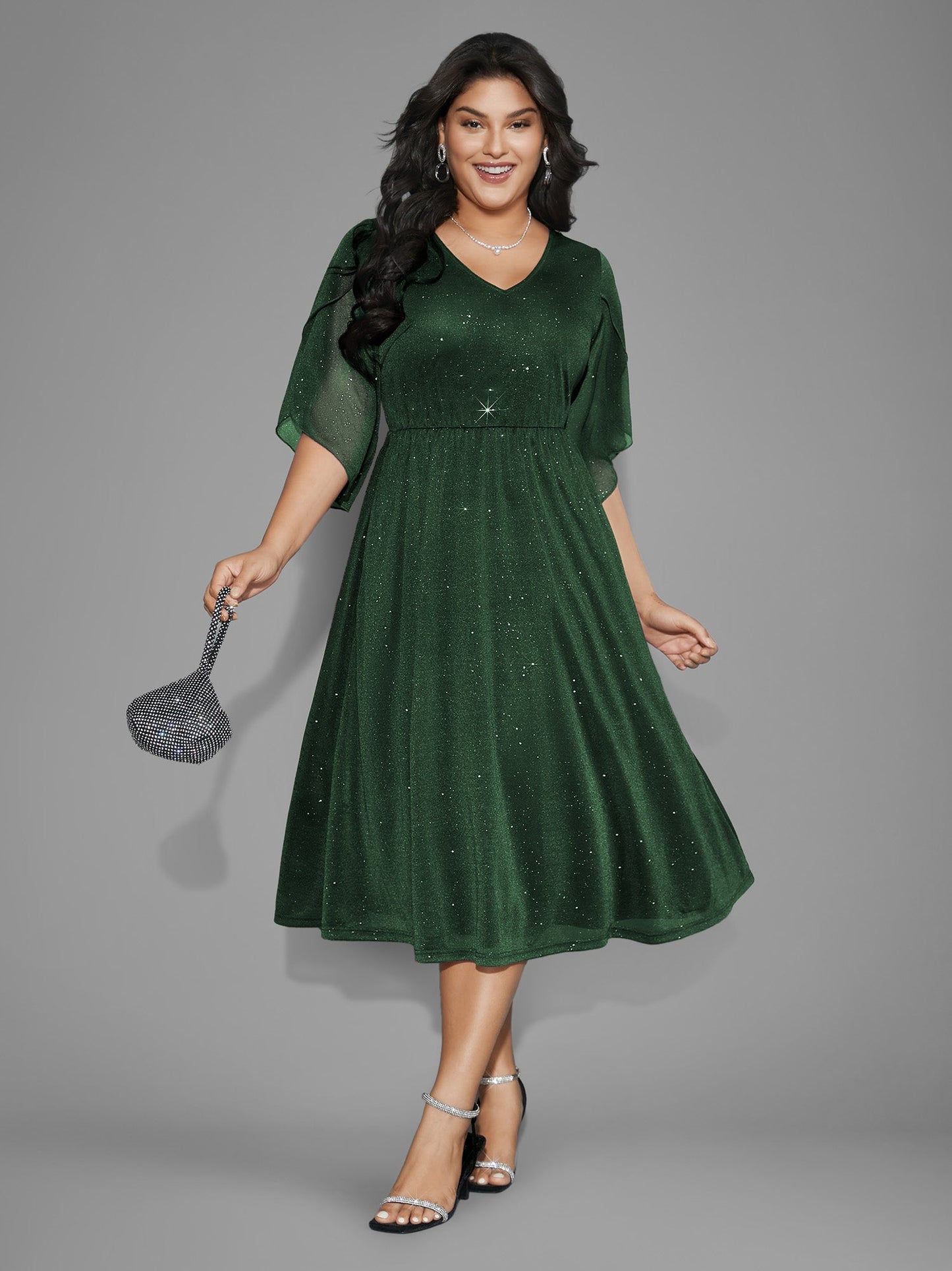 Glitter Mesh Petal Sleeve Midi Dress