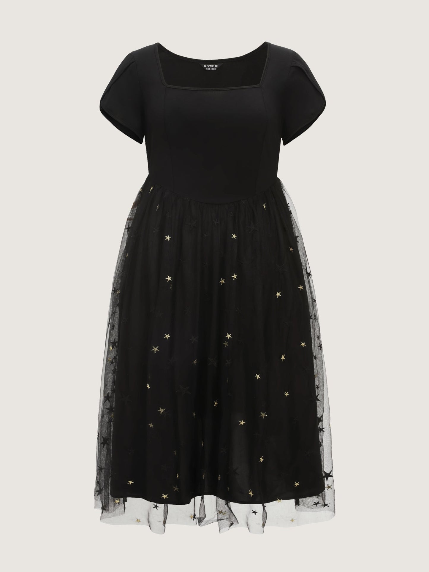 Star Embroidered Square Neckline Midi Dress