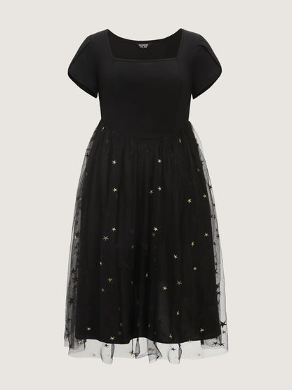 Star Embroidered Square Neckline Midi Dress