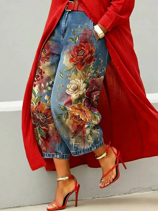 Women's Vintage Multicolor Floral Art Casual Wide Denim Pants
