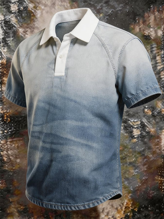 Men's Ombre Gradient Washed Denim Polo Shirt, Contrast White Rib Collar Raglan Short Sleeve Casual Streetwear Retro Pullover Top