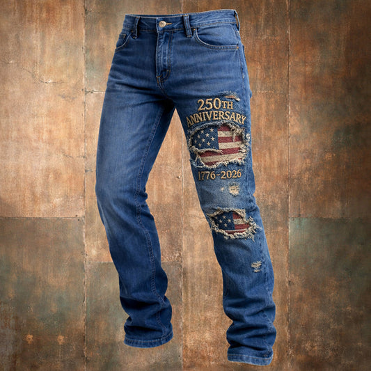 Retro US 250th Anniversary Print Casual Men's Jeans