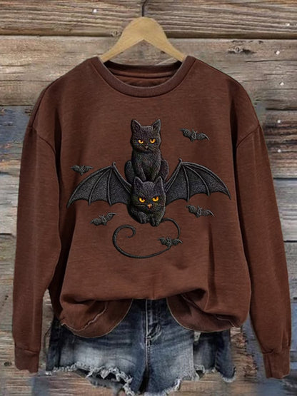 Women's Autumn Halloween Cute Bat and Black Cat Printed Casual Holiday Round Neck Sweatshirt
