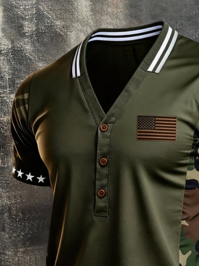 Men's Retro Patriotic Color-Block V-Neck Short-Sleeve T-Shirt