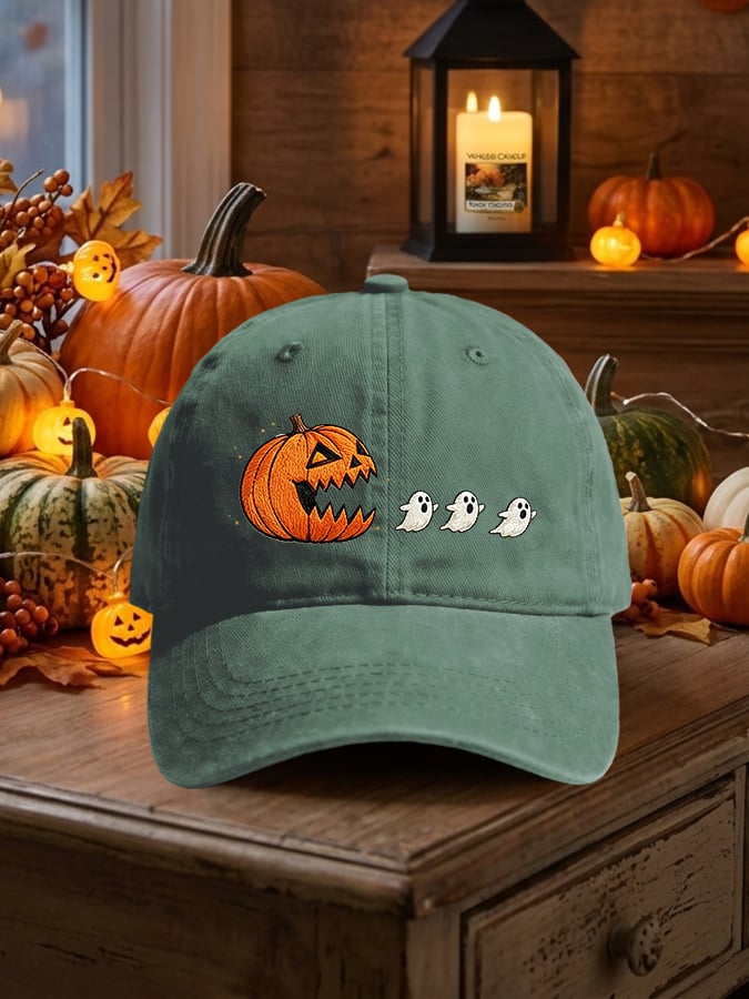 Retro Halloween Pumpkin Eat Ghost Print Baseball Cap