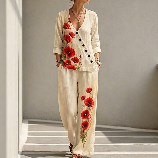 Poppy Floral Art Print Casual Linen Two-Piece Set