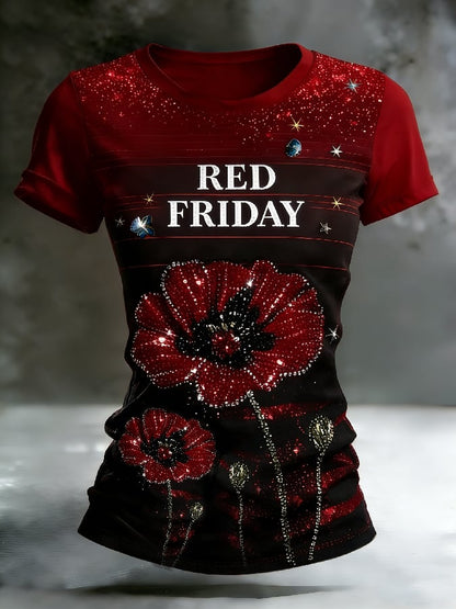 Women's Casual Red Friday Print Short-Sleeve T-Shirt