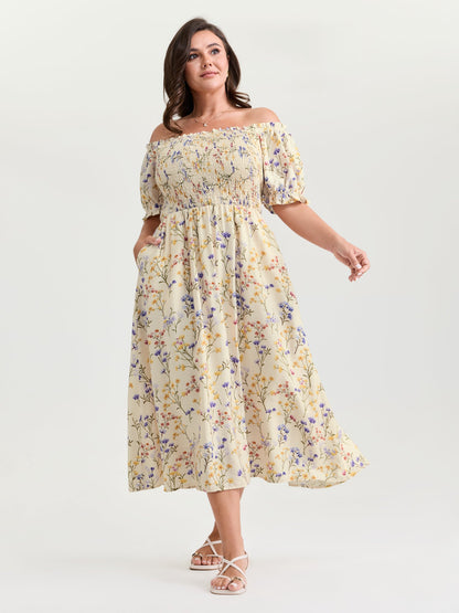 Vanilla Print Shirred Off-Shoulder Midi Dress