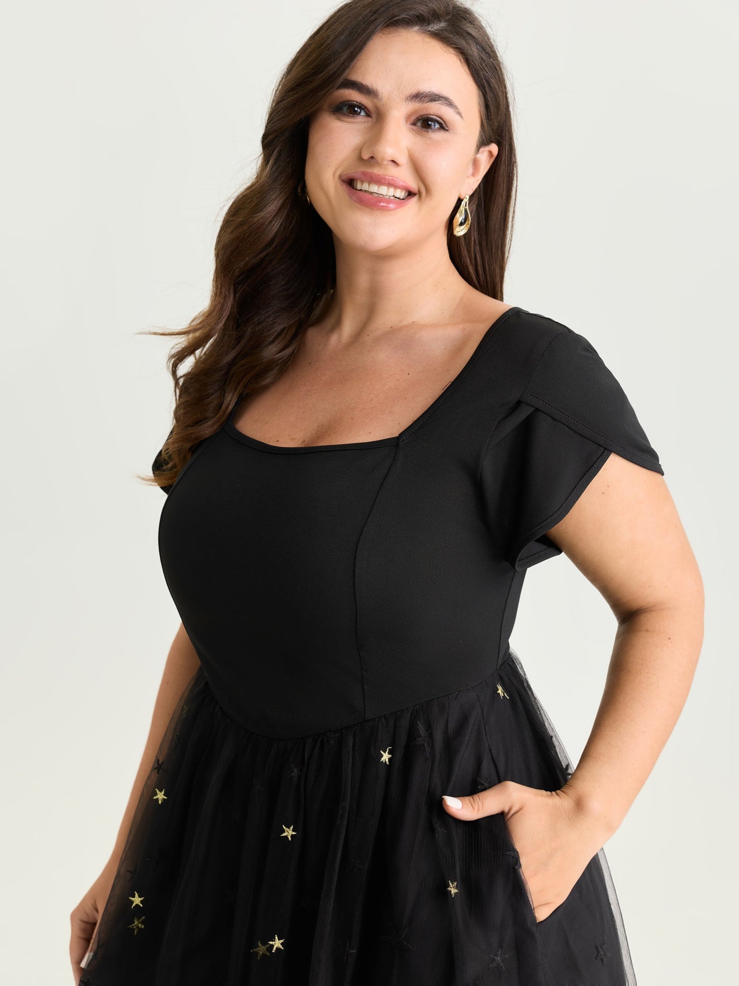 Star Embroidered Square Neckline Midi Dress