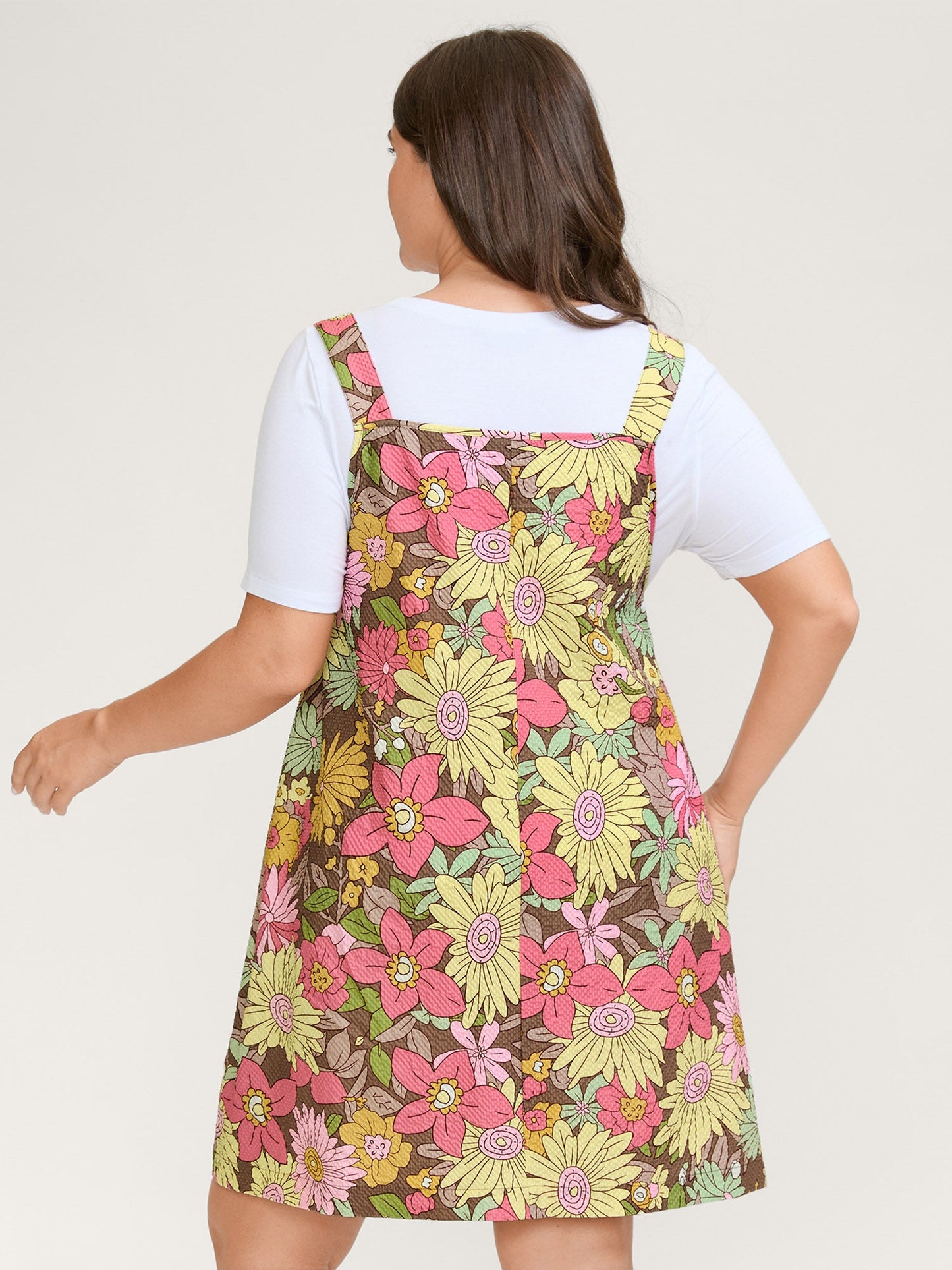 Floral Print Textured Overall Straps Dress