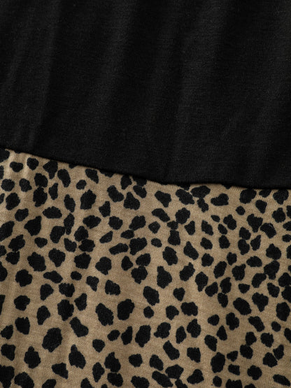 Leopard Print Contrast Cut-Out Neckline Midi Dress