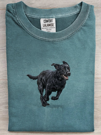Funny Cute Running Black Labrador Art Print Casual Cotton Short Sleeve T-shirt