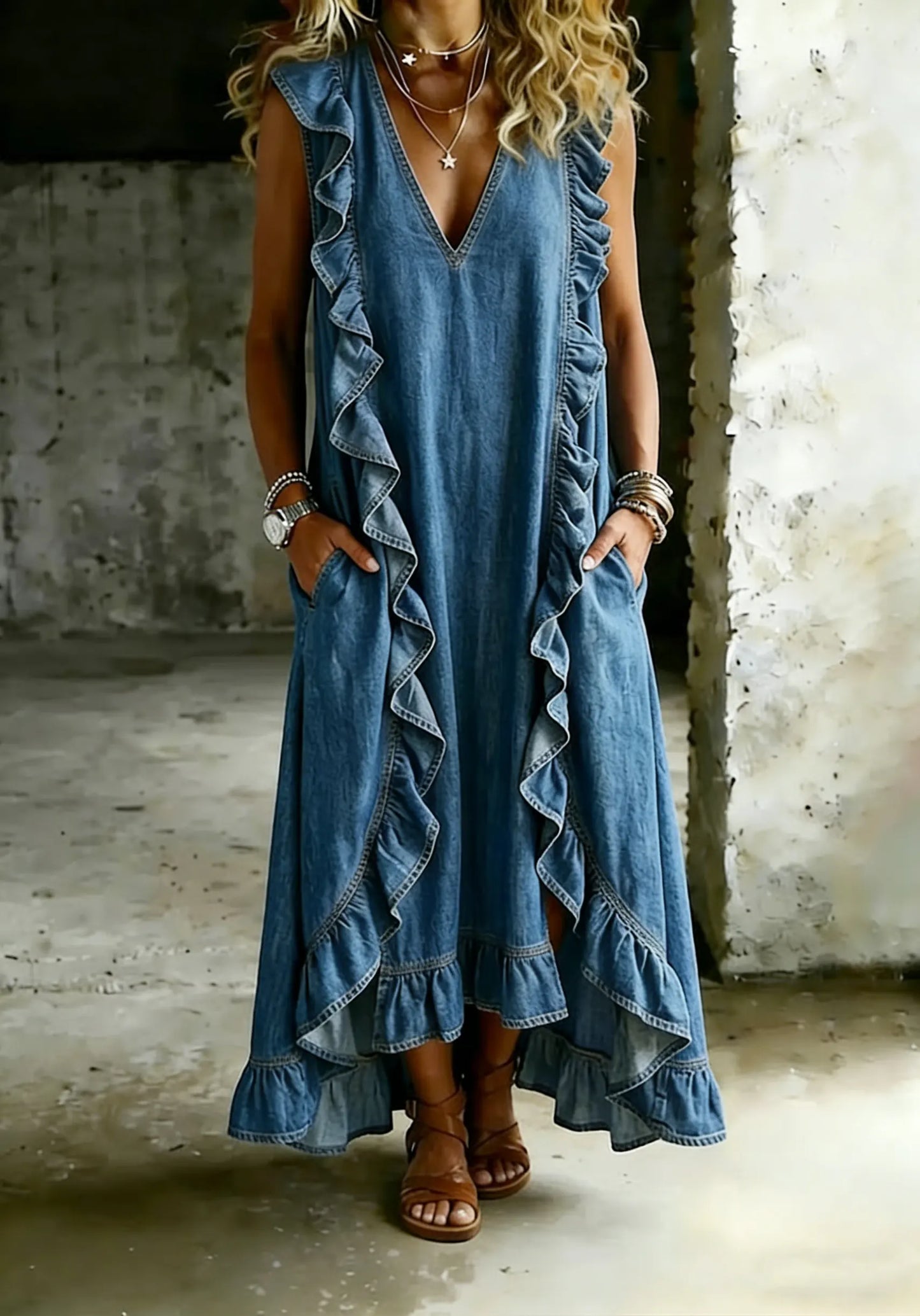 Women’s Vintage Ruffled Sleeveless Denim Long Dress with Pockets