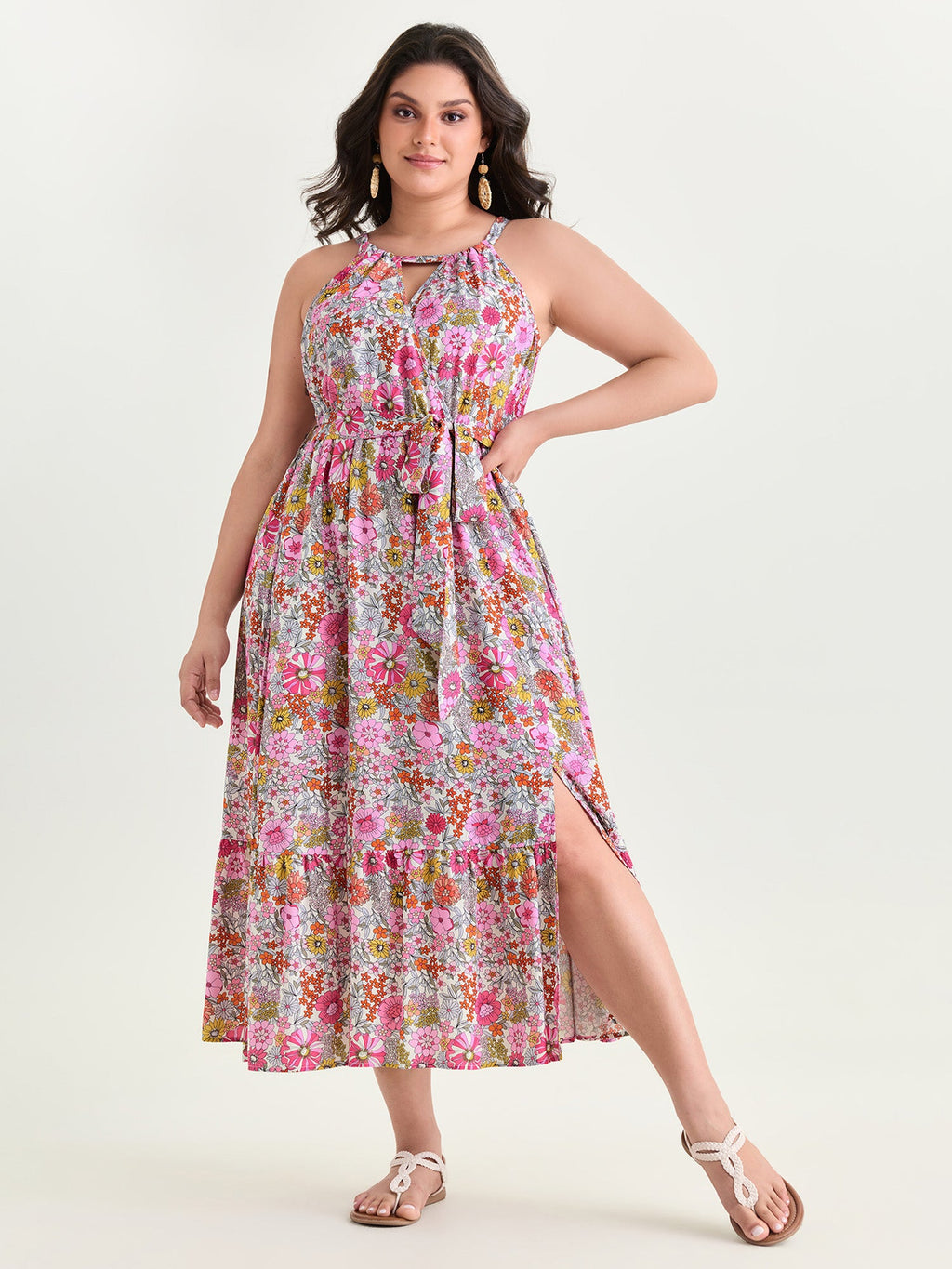 Floral Print Halter Neckline Waist-Tie Maxi Dress