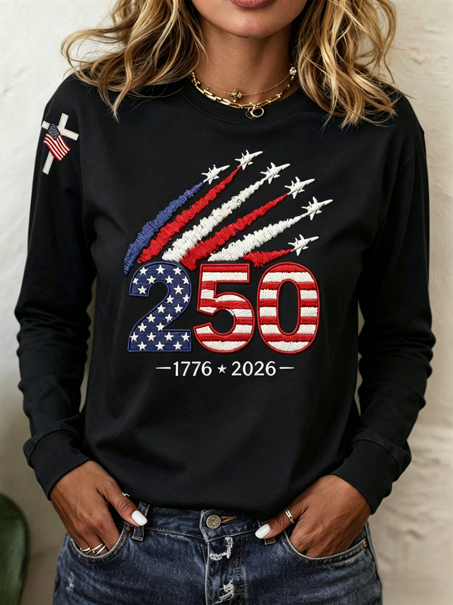 American Women 250th Anniversary Embroidered Print Round-neck Long-sleeved T-Shirt