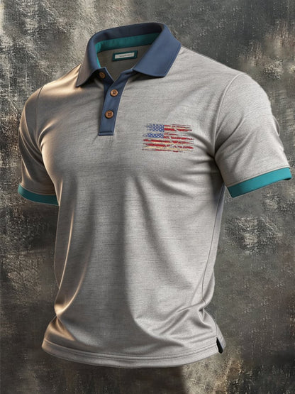 Men's Retro Patriotic Color-Block Short-Sleeve Polo Shirt