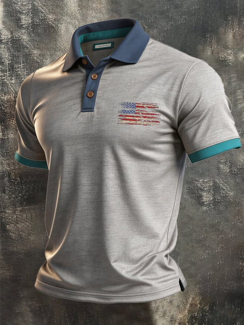 Men's Retro Patriotic Color-Block Short-Sleeve Polo Shirt