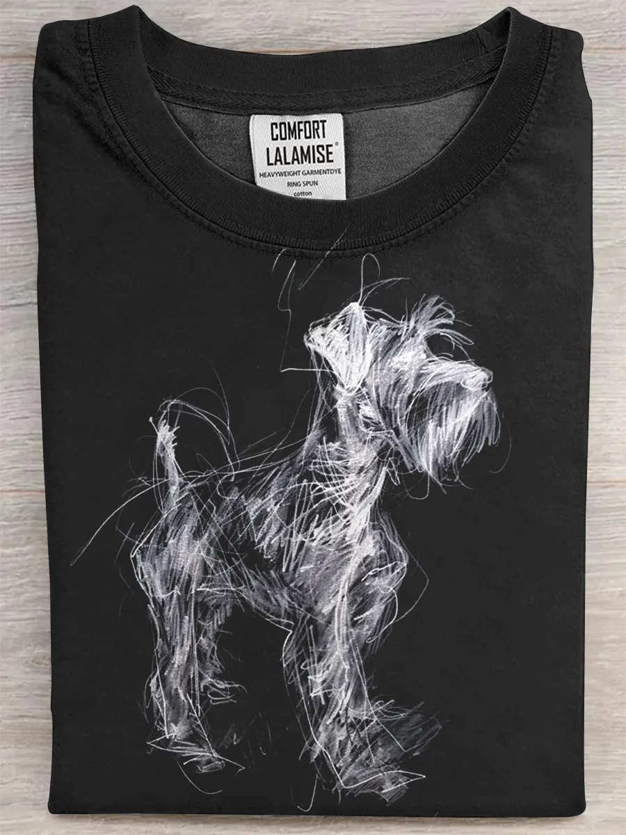 Retro Schnauzer Abstract Art Print Casual Pure Cotton Short Sleeved T-shirt
