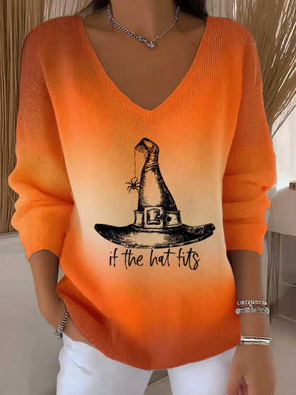 Women's Autumn Halloween Witch Hat Gradient V-Neck Casual Holiday Top