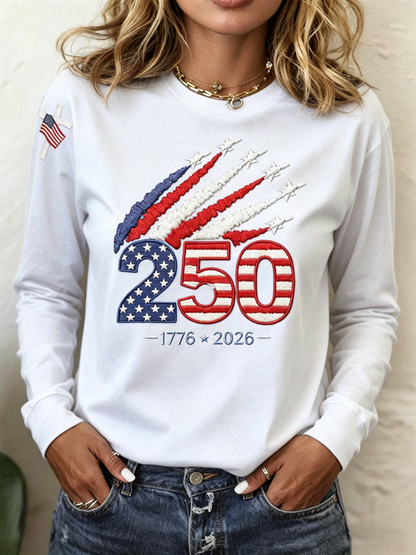 American Women 250th Anniversary Embroidered Print Round-neck Long-sleeved T-Shirt
