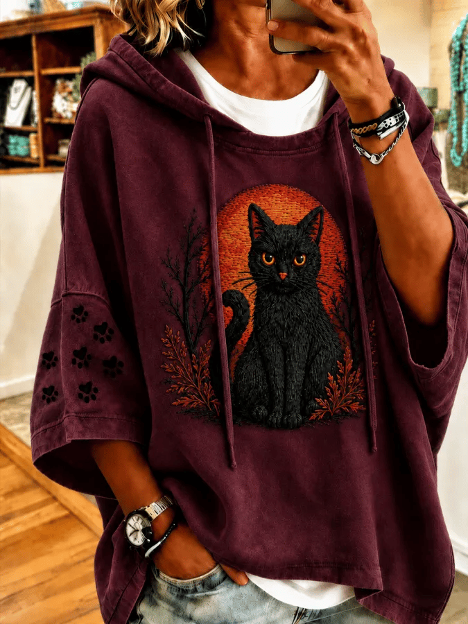 Women's Halloween Cat Print Hooded Sweatshirt