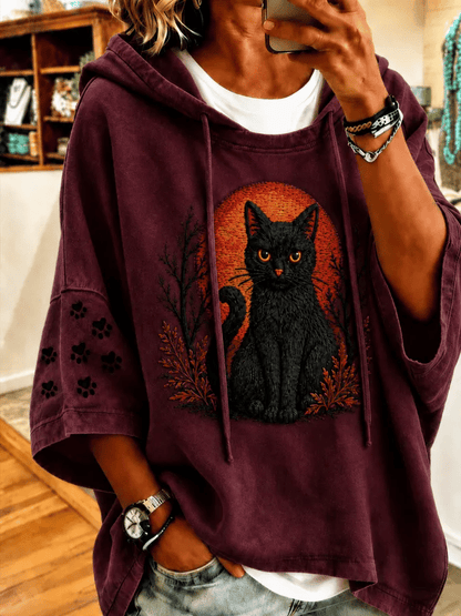 Women's Halloween Cat Print Hooded Sweatshirt