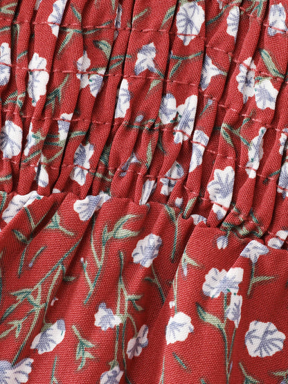 Floral Print Square Neckline Drawstring Midi Dress