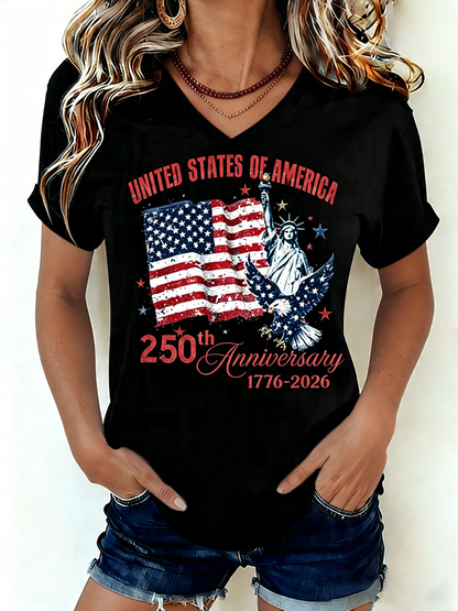 Women's 1776-2026 Statue of Liberty Anniversary Eagle Print V-neck T-shirt