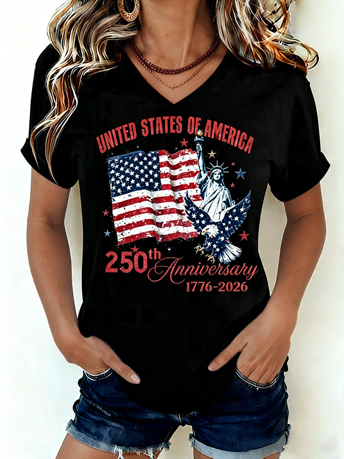 🔥Buy 3 Get 10% Off🔥Women's 1776-2026 Statue of Liberty Anniversary Eagle Print V-neck T-shirt