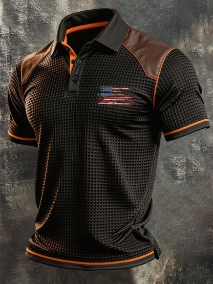 Men's Retro Knitted Polo Shirt with 3D Square Grid Pattern and Leather Paneling