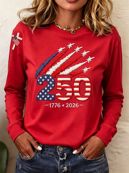 American Women 250th Anniversary Embroidered Print Round-neck Long-sleeved T-Shirt