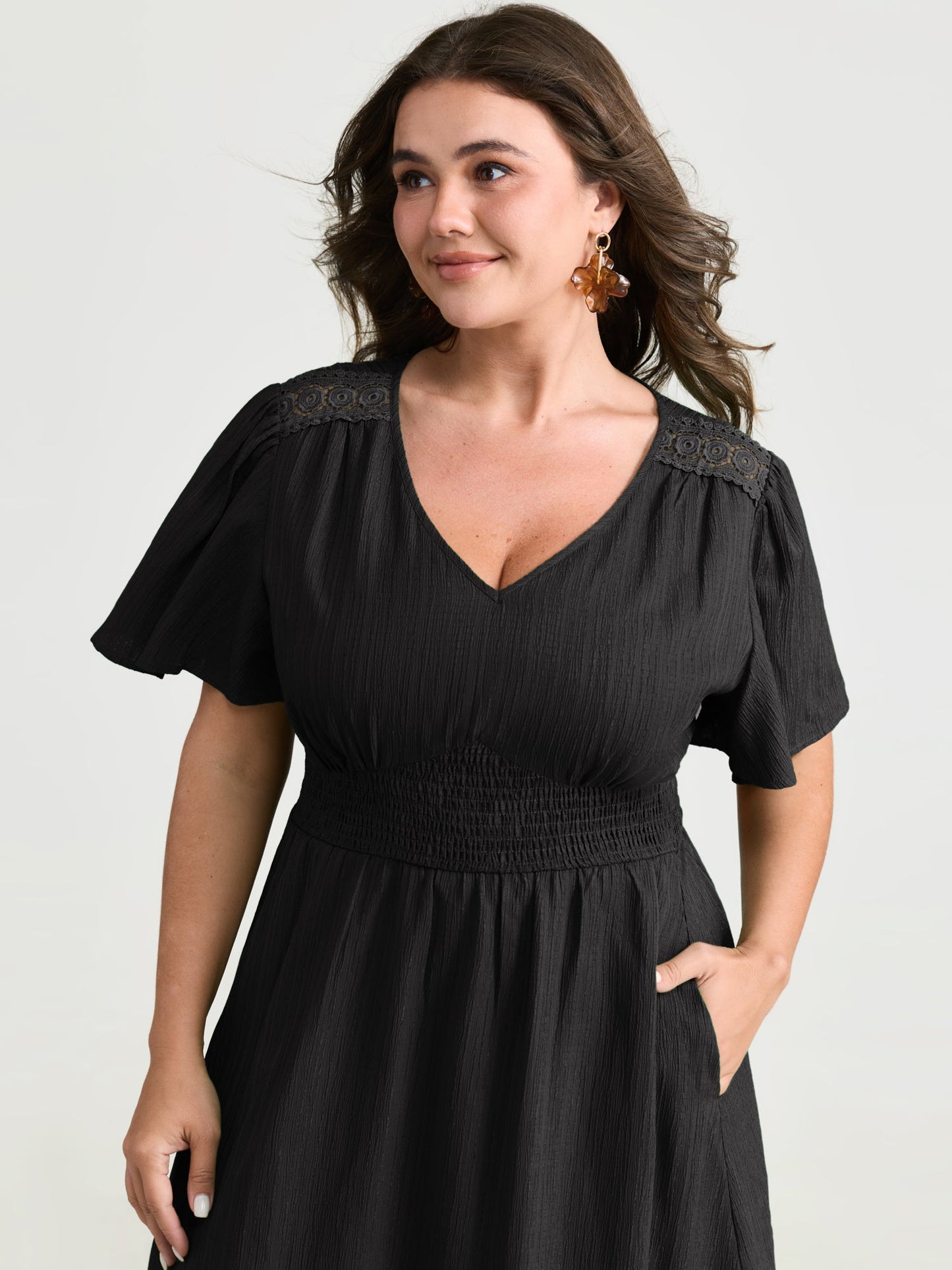 Lace Cut-Out Shirred Solid Maxi Dress