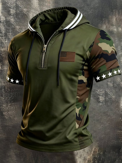 Men's Retro Patriotic Color-Block Short-Sleeve Hoodie T-Shirt
