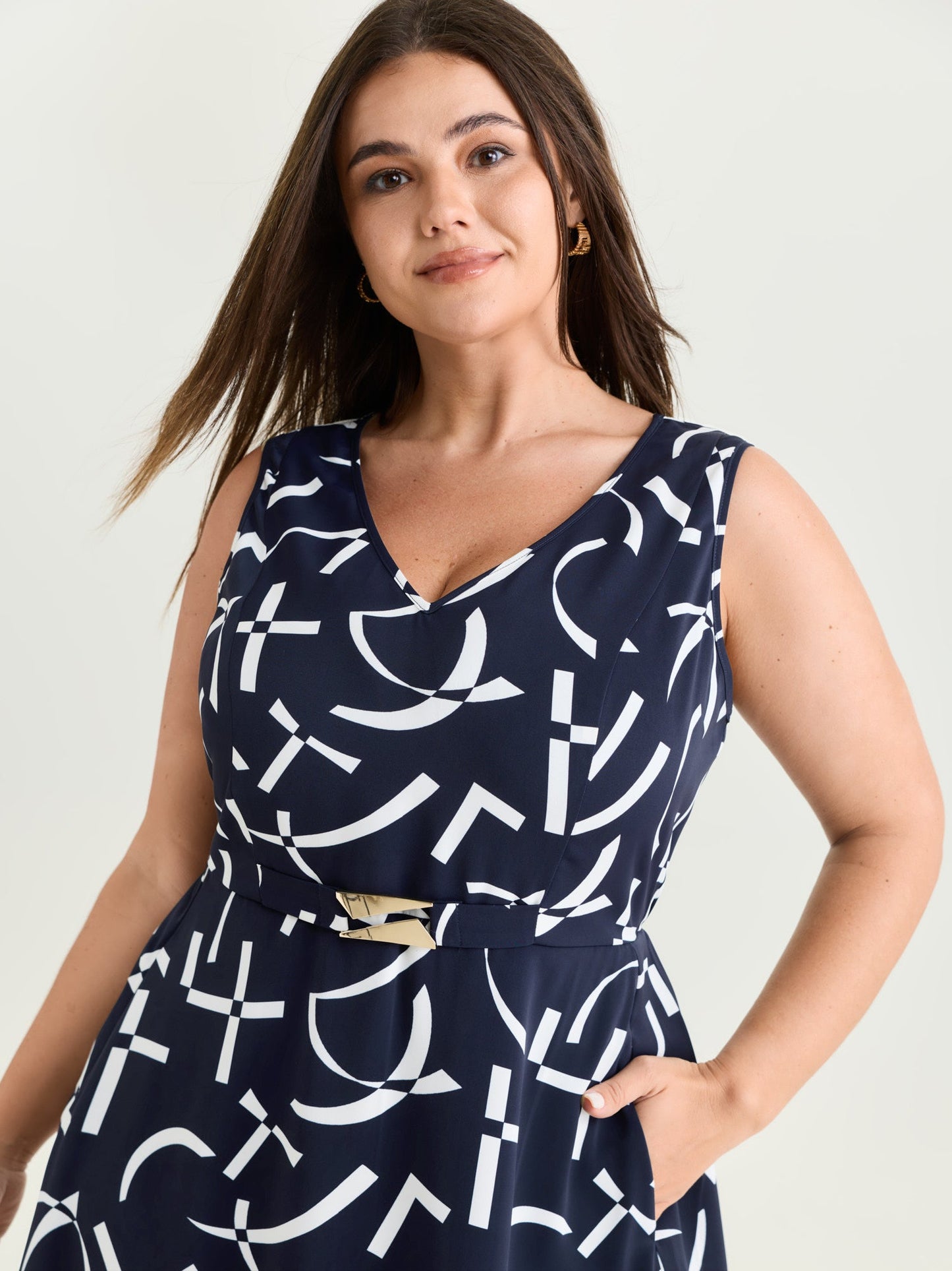 Geometric Print Metallic Detail Midi Dress
