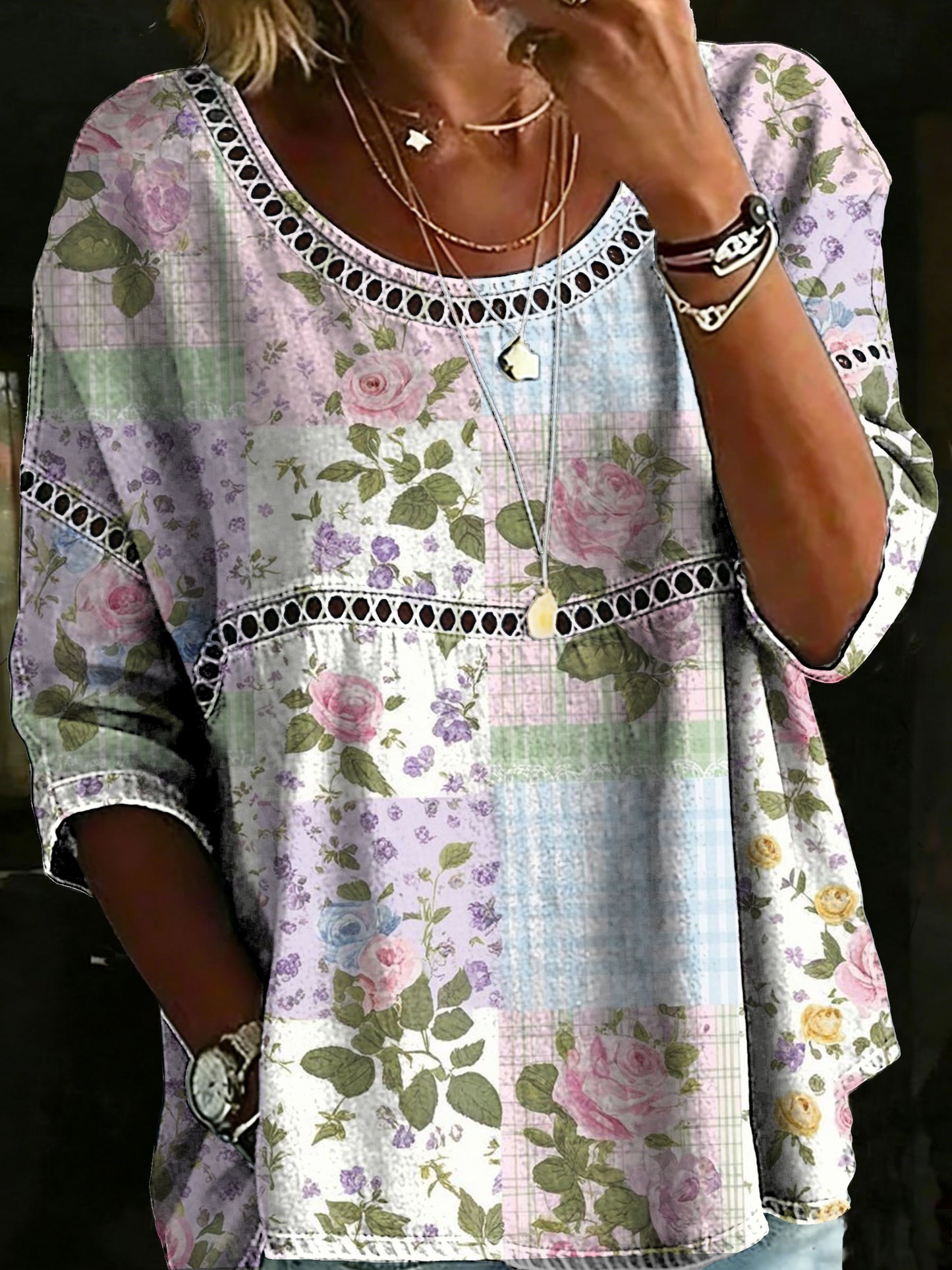 Women's Vintage Flower Patch Casual Loose Denim Blouse Shirt