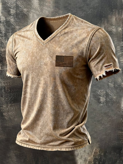 Men'S Vintage "Patriot" Pure Cotton Washed & Distressed V-Neck Short-Sleeve T-Shirt